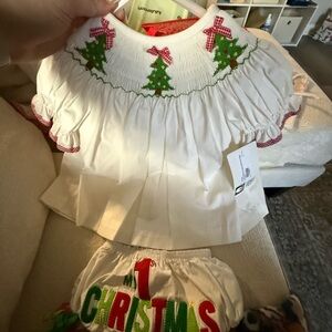 White Christmas Tree Smocked Baby Dress